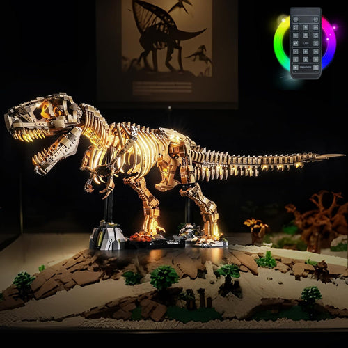 Brick tyrannosaurus fossil skeleton lit from below with LED lights