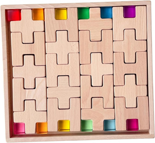 Unfinished wooden H-shaped blocks stacked with translucent rainbow acrylic panels