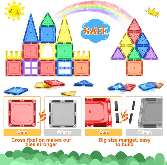 Colorful magnetic building blocks stacked into a tower