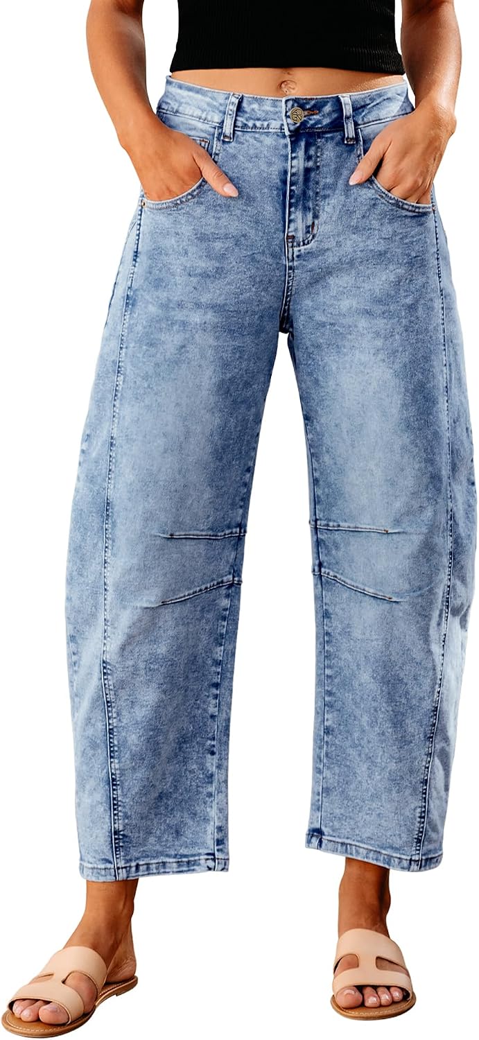 Women's High Rise Barrel Jeans - Cropped Stretch Denim with Seam Detailing for Dressy Casual Outfits - Small (11)