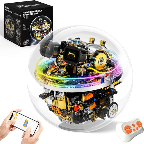 Ball-shaped rolling robot built from bricks with glowing LED eyes and neon lights