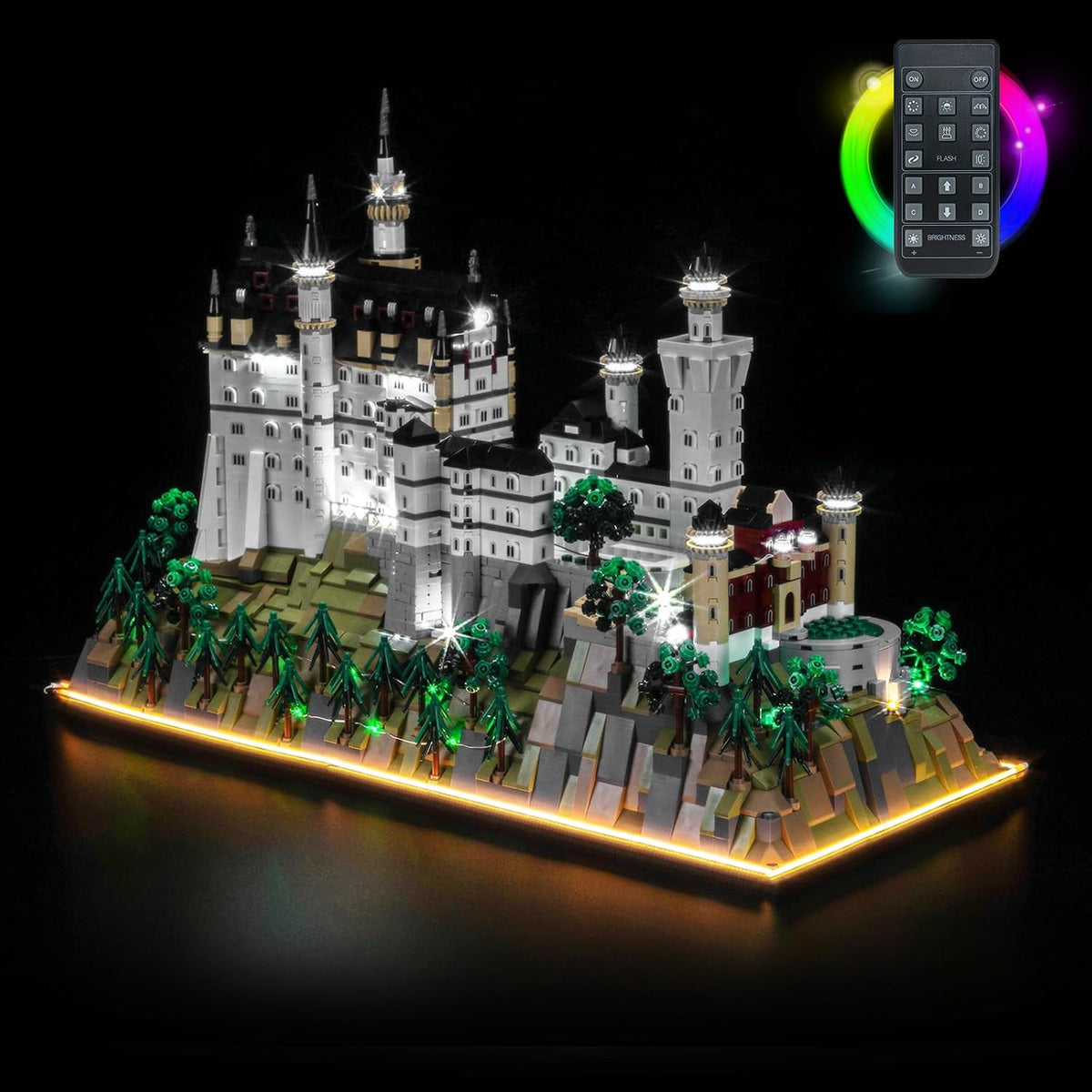 Brick-built Neuschwanstein Castle with towers lit by LED lights