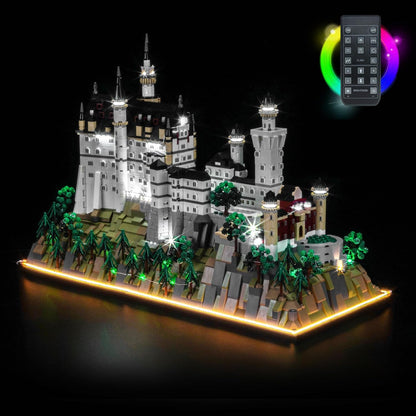 Brick-built Neuschwanstein Castle with towers lit by LED lights