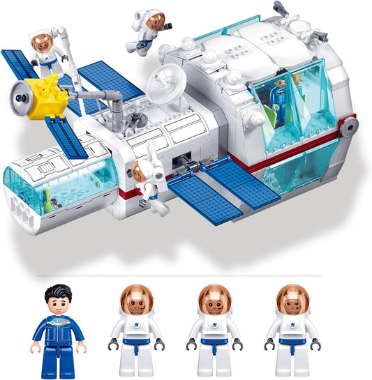 Brick-built space station science lab with astronaut figures
