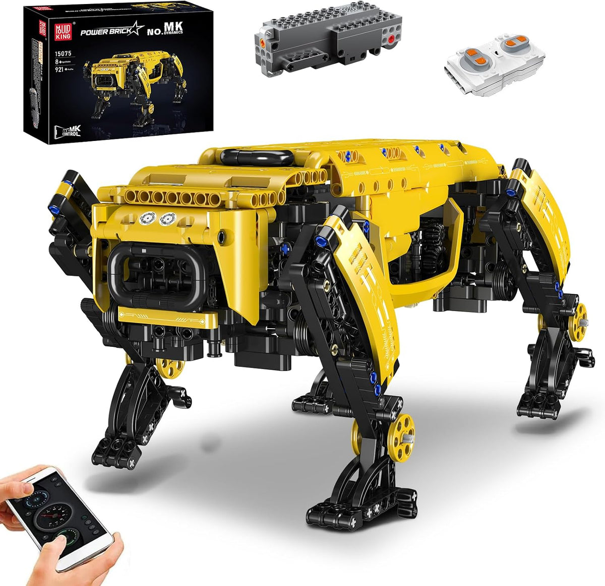 Yellow brick-built robot dog standing on four mechanical legs