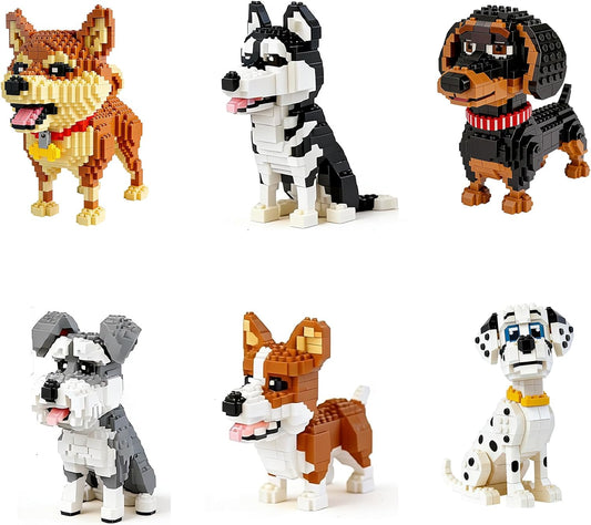 Six micro block dog figures including corgi and husky lined up on a shelf
