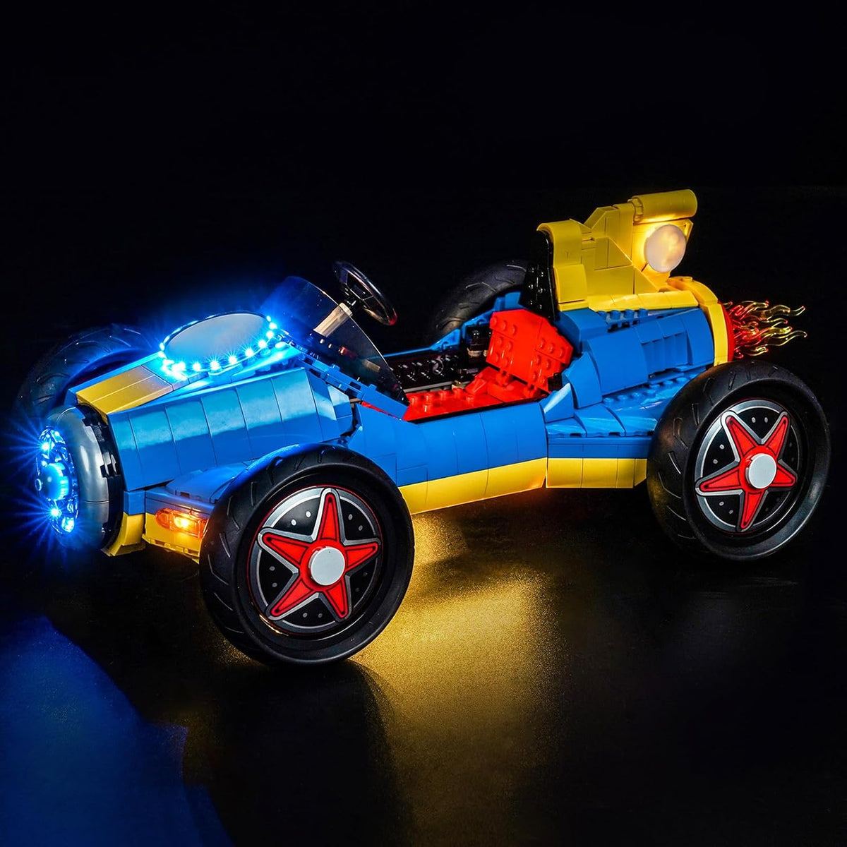 Brick go-kart racing set glowing with added LED lights – view 2