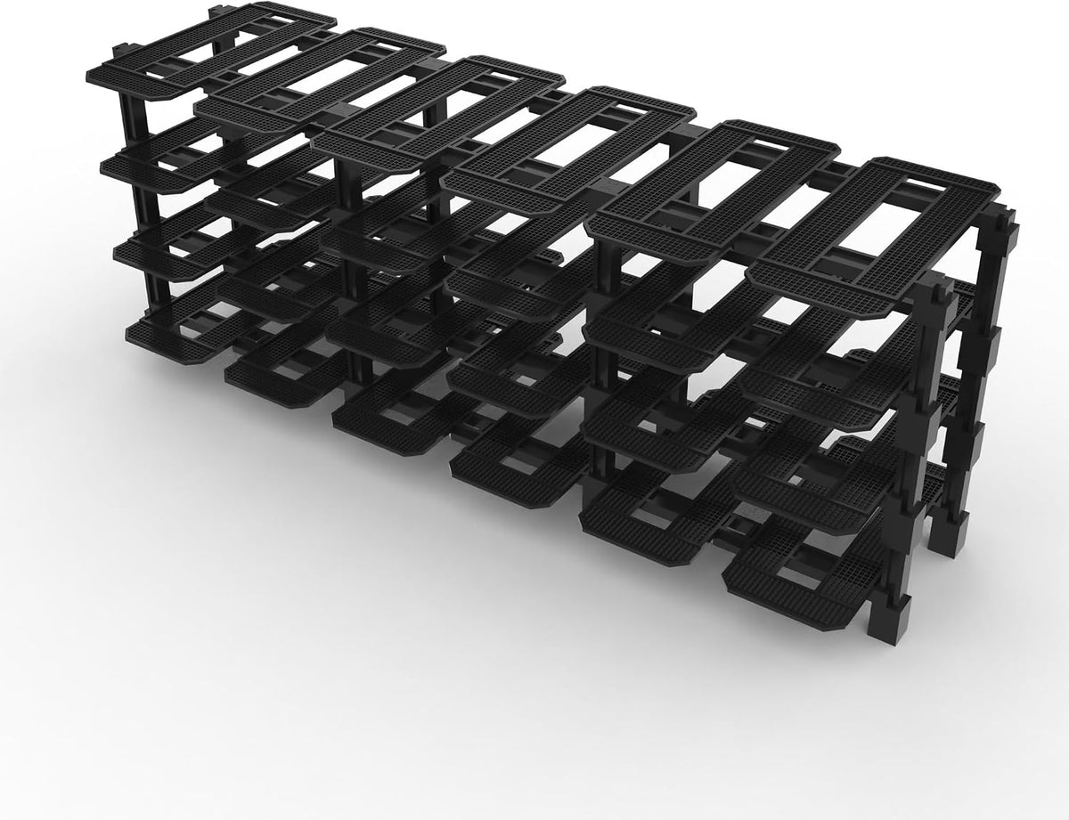 Modular racing garage display rack with small brick race cars in each bay – view 3