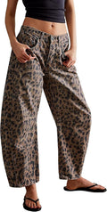 Women's Leopard Print Barrel Jeans - Cropped Baggy Denim with a Tapered Hem for Casual Y2k Outfits - Small