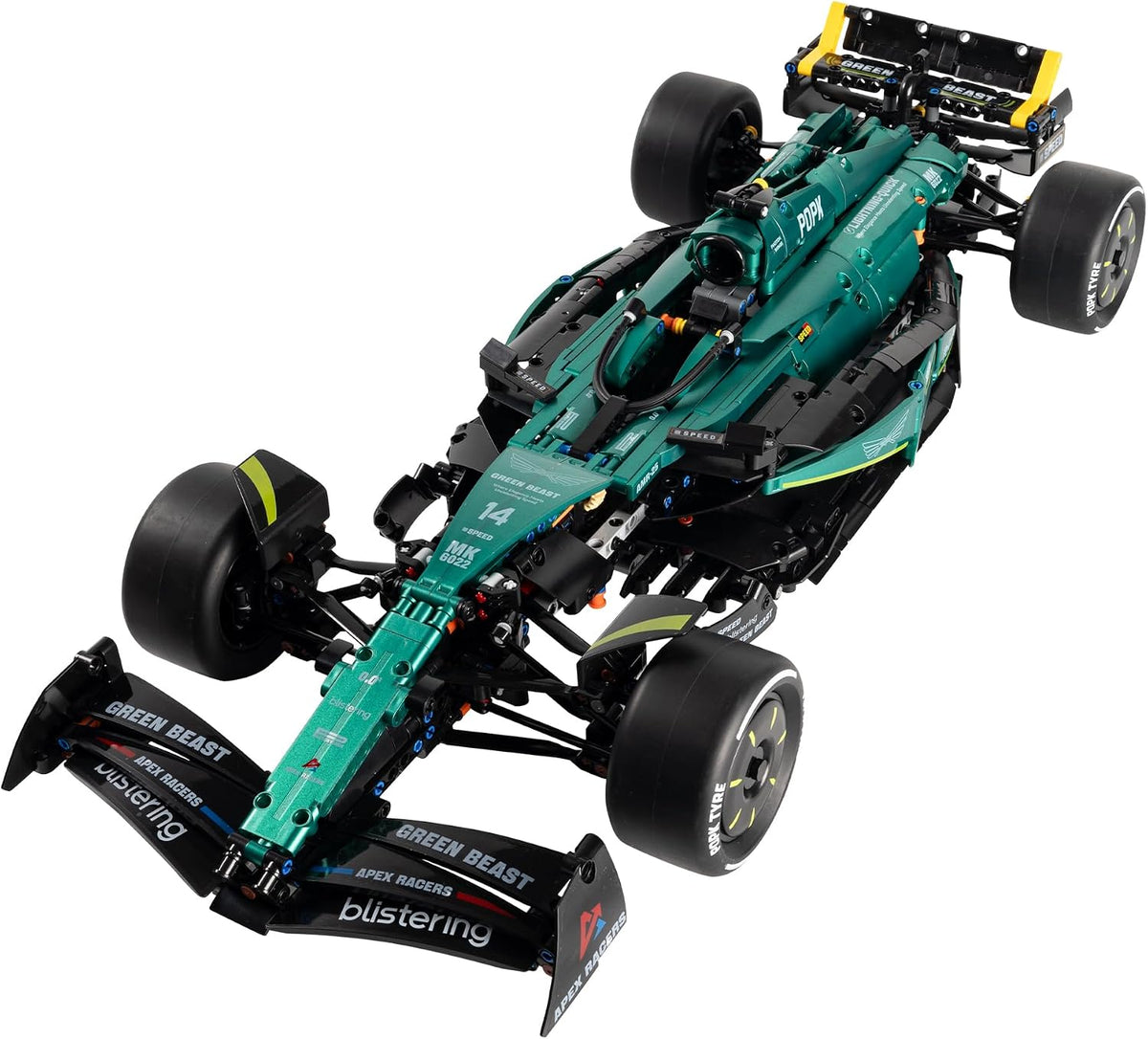 Green and black brick-built open-wheel race car with wide rear wing