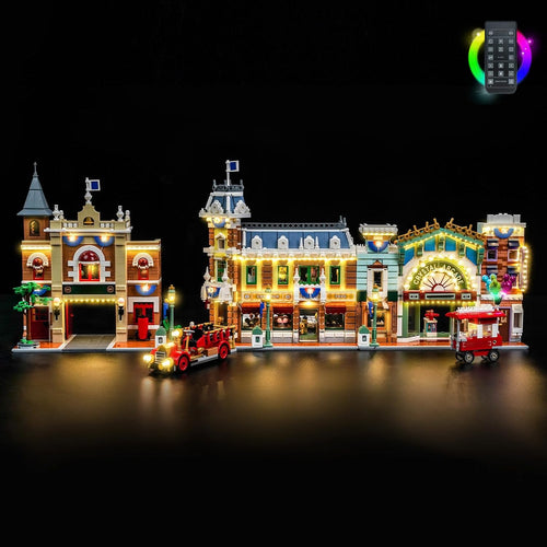 Lit brick-built theme park main street with glowing shopfronts and lamps
