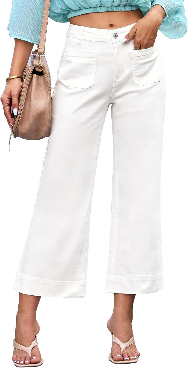 Women's Cropped Flare Jeans - High Rise Wide Leg Denim with Front Patch Pockets for Concert Outfits - Small