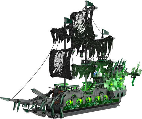 Ghost pirate ship brick model with tattered sails and glowing light