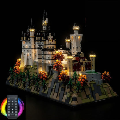 Neuschwanstein Castle brick model with towers and windows lit by LED lights – view 2