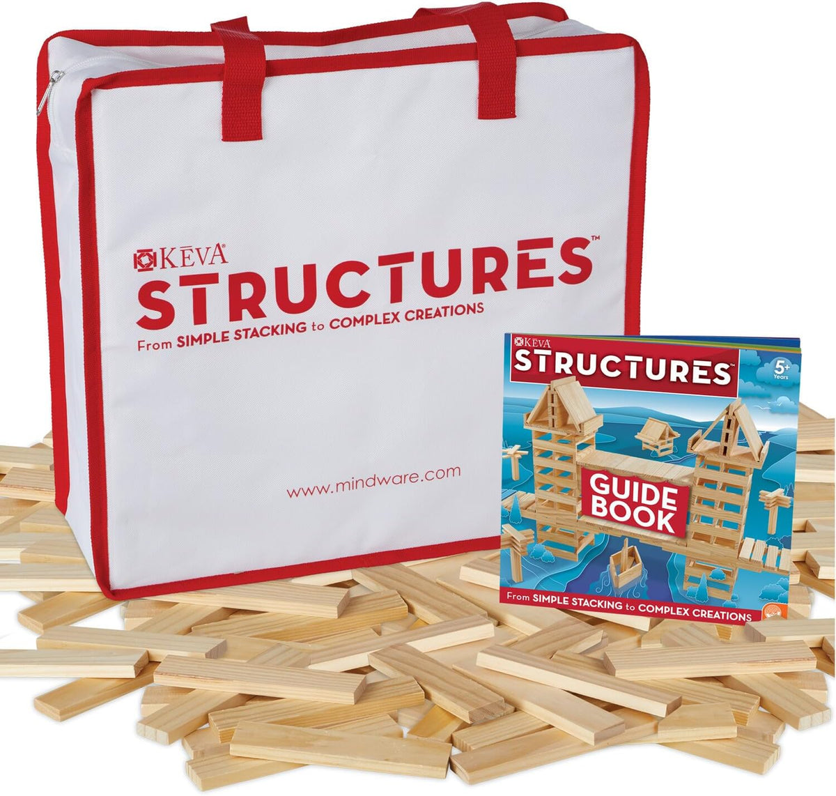 Tall tower built from stacked natural pine planks beside a canvas bag