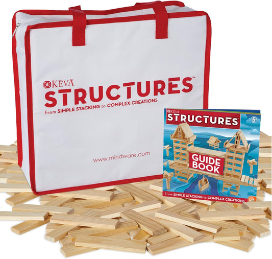 Tall tower built from stacked natural pine planks beside a canvas bag