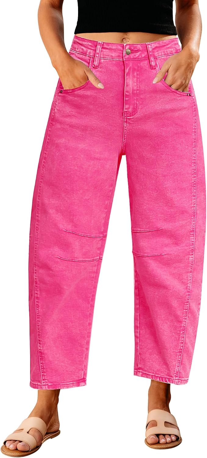 Women's High Rise Barrel Jeans - Cropped Stretch Denim with Seam Detailing for Dressy Casual Outfits - Small (15)