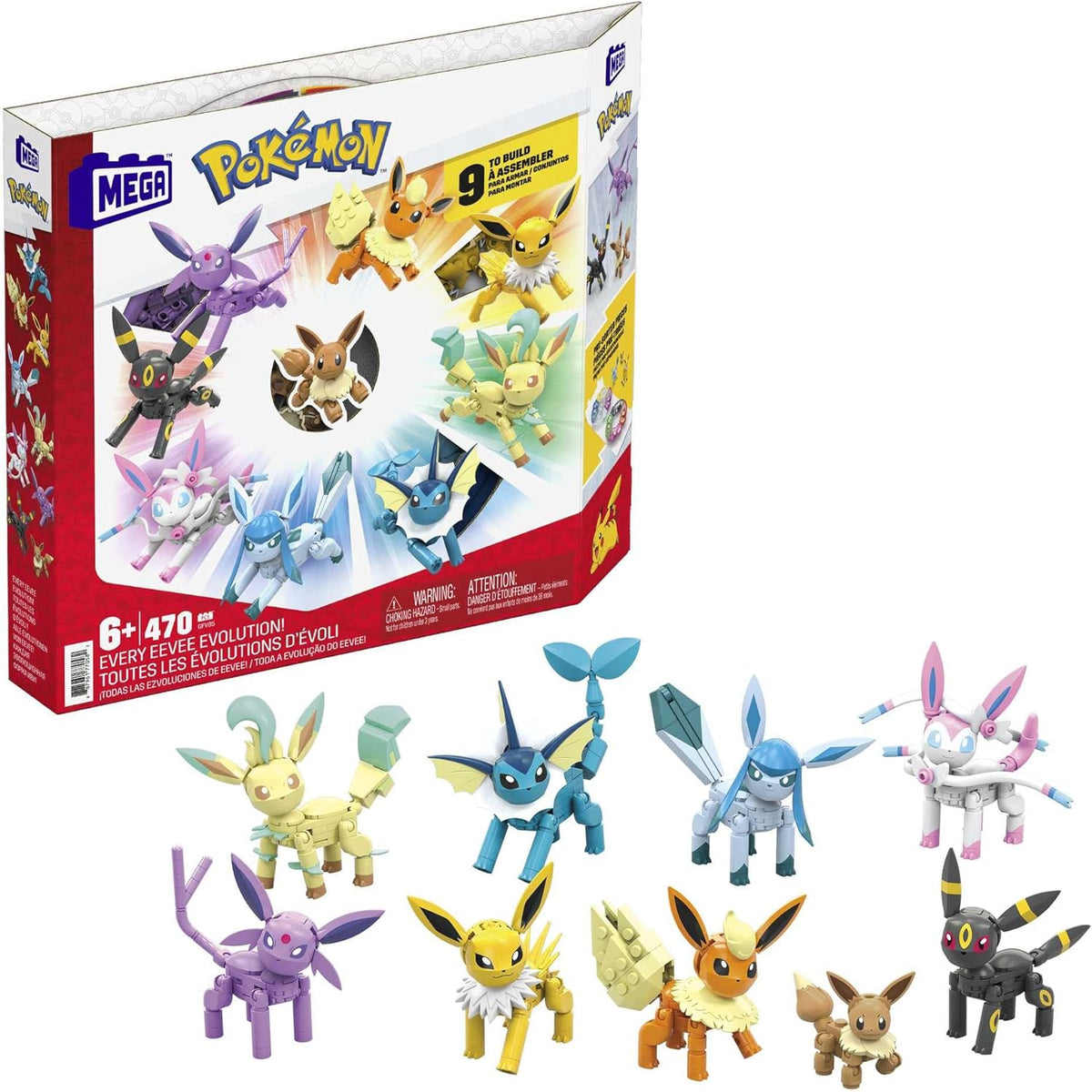 Nine brick-built poseable fox-like creature figures in a row