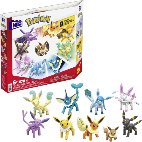 Nine brick-built poseable fox-like creature figures in a row