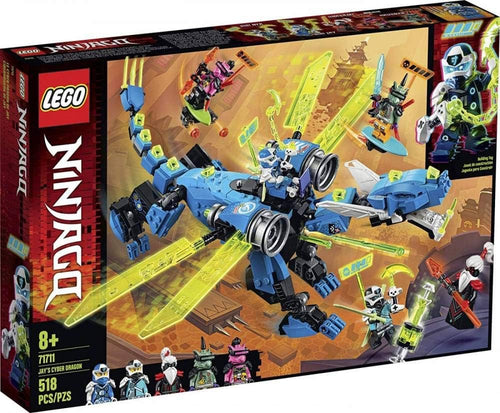 Brick-built blue cyber dragon with spread wings and ninja figures