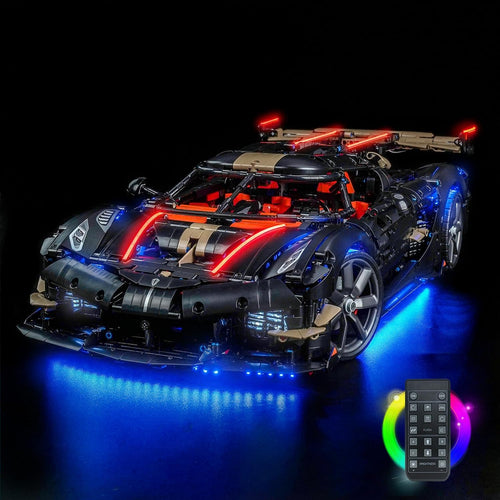 Brick-built megacar model glowing with installed LED lights