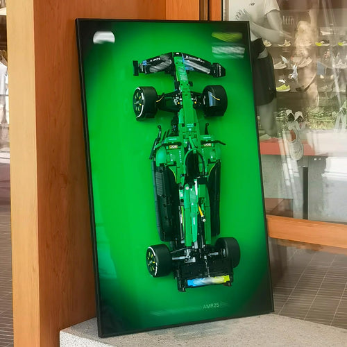 Wall-mounted display board holding an open-wheel race car brick model