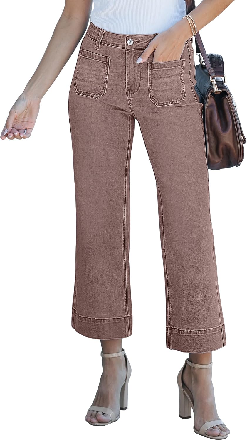 Women's Cropped Flare Jeans - High Rise Wide Leg Denim with Front Patch Pockets for Concert Outfits - Small (11)