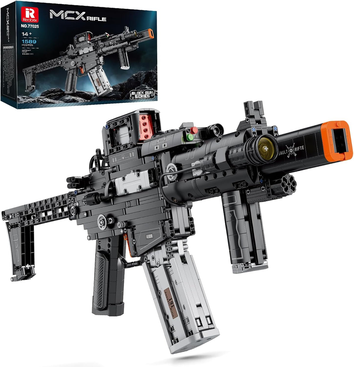 Full-size brick-built tactical rifle replica model shown in side view