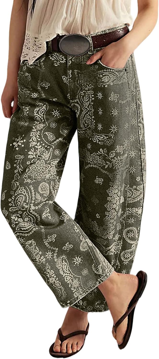 Women's Floral Print Barrel Jeans - Mid Rise Baggy Wide Leg Ankle Denim with Patchwork Detail - Small