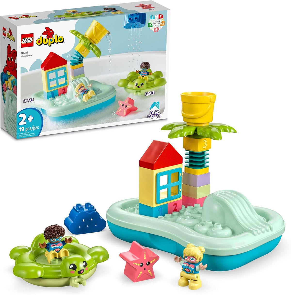 Large-brick water park bath toy with slide and floating turtle ring