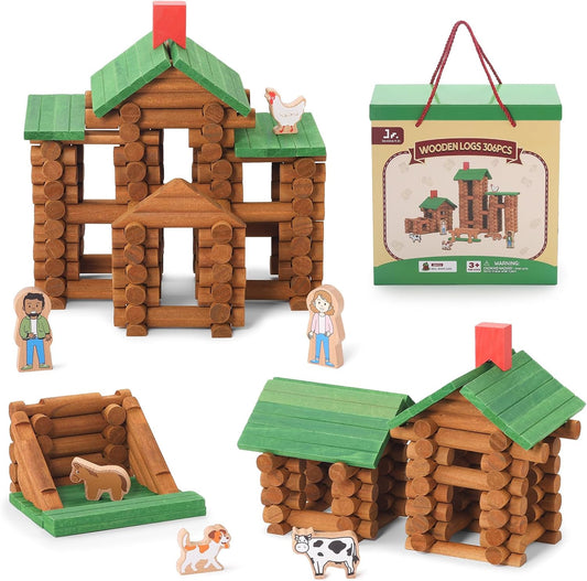 Wooden log cabin built from notched logs with small toy cars outside