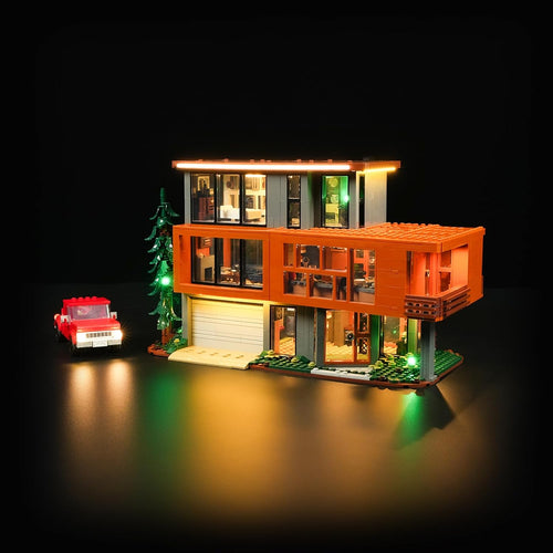 Modern glass forest house brick model glowing with LED lights
