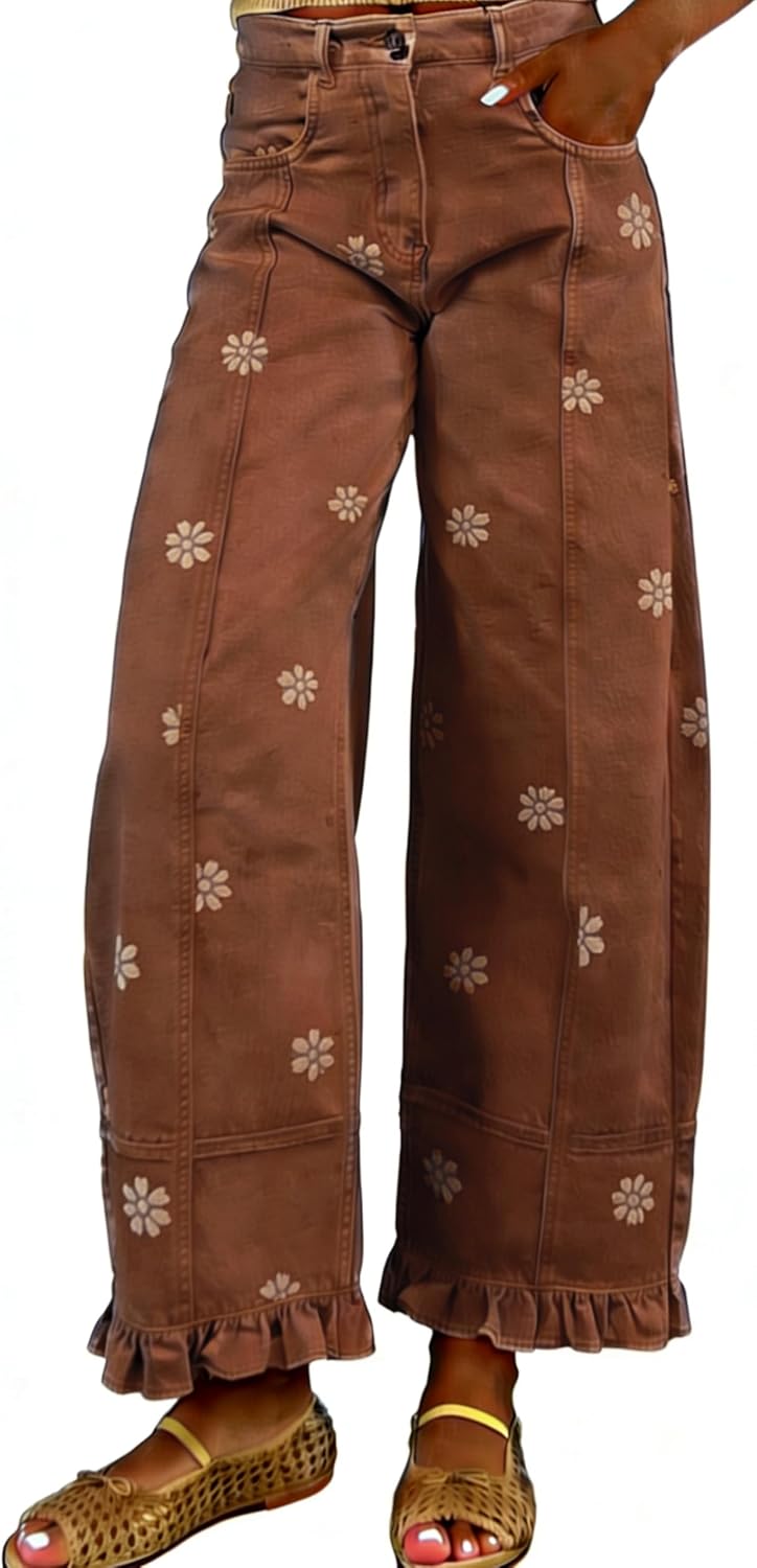 Women's Floral Print Barrel Jeans - Wide Leg Baggy Boyfriend Denim with Patchwork Panels - Small (15)