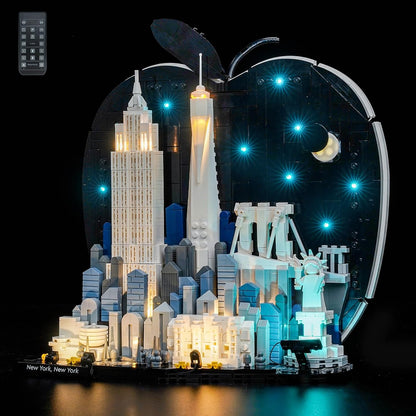 Brick-built New York skyline model glowing with warm LED lights in its towers