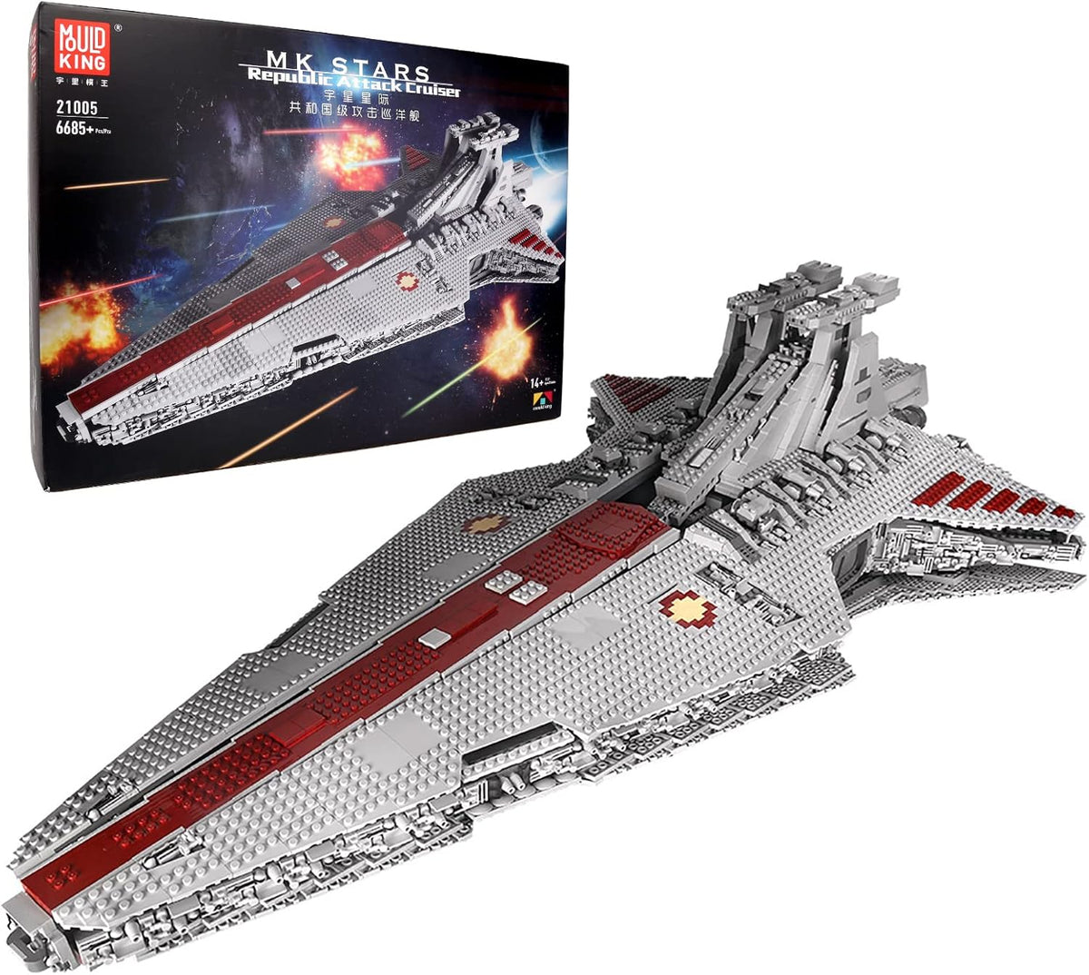 Grey wedge-shaped space attack cruiser brick model on an angled display pedestal – view 2