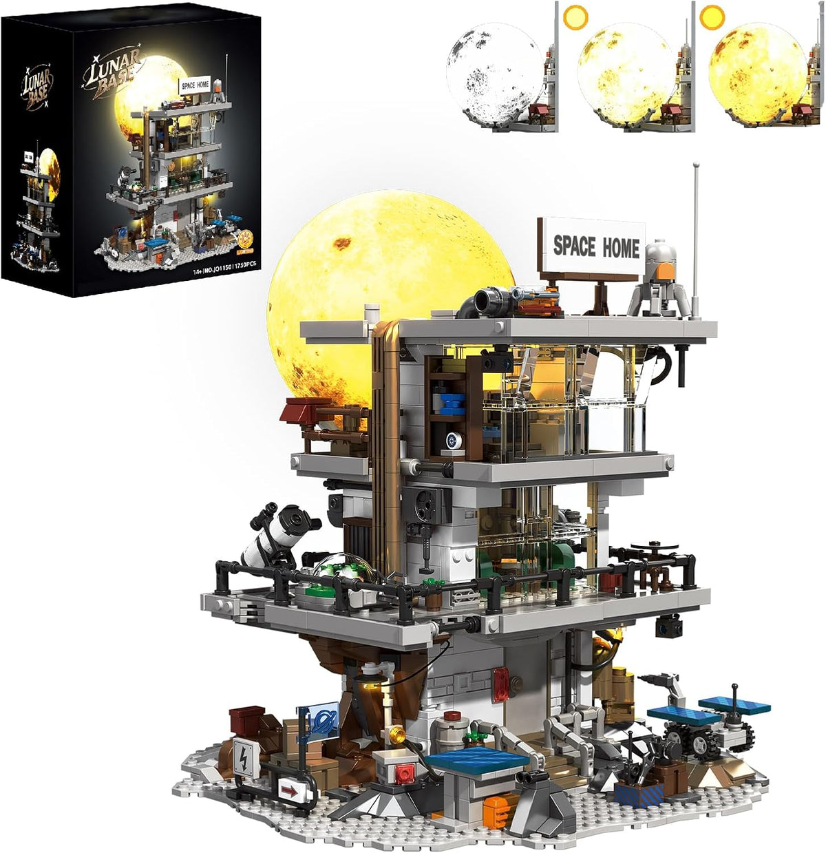 Three-level moon base space station brick model with lit moon element