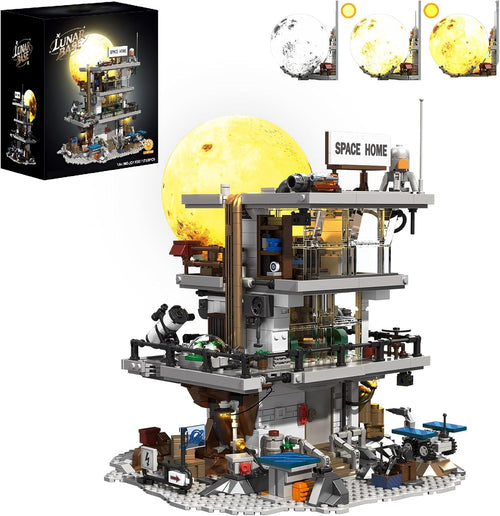 Three-level moon base space station brick model with lit moon element