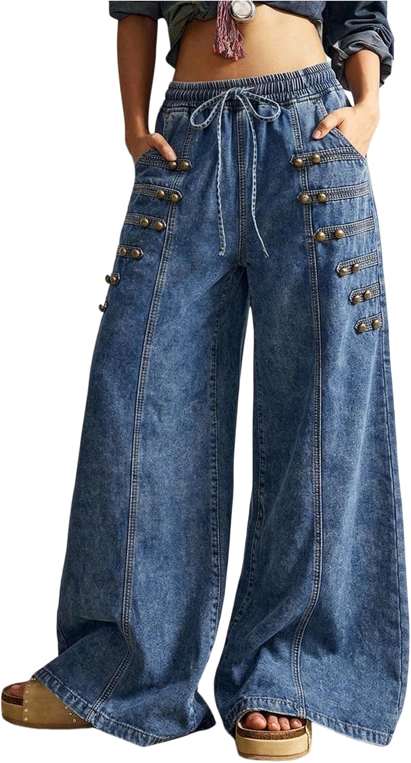 Women's Floral Baggy Wide Leg Jeans - Low Rise Denim Boho Pants with Drawstring Elastic Waist - Small (8)