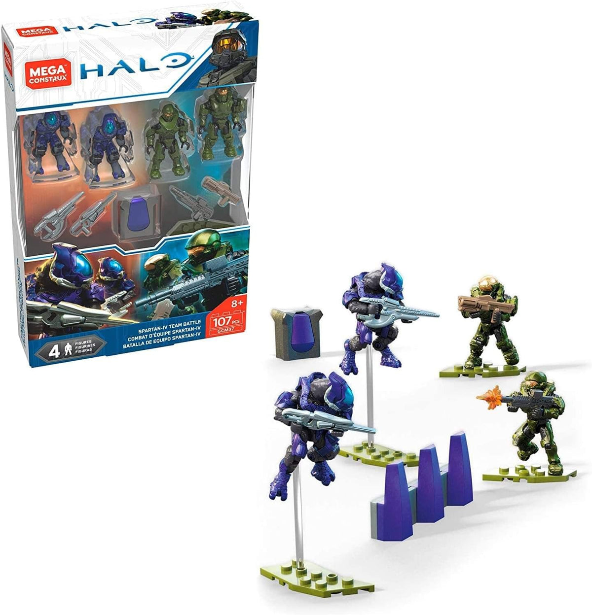 Four armored micro action figures posed around a brick-built combat barrier