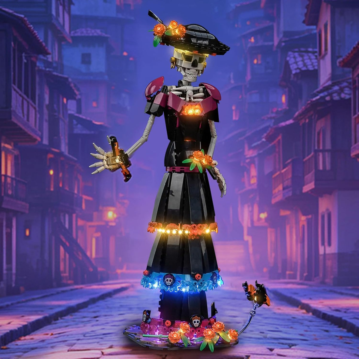 Day of the Dead Catrina brick model glowing with LED lights