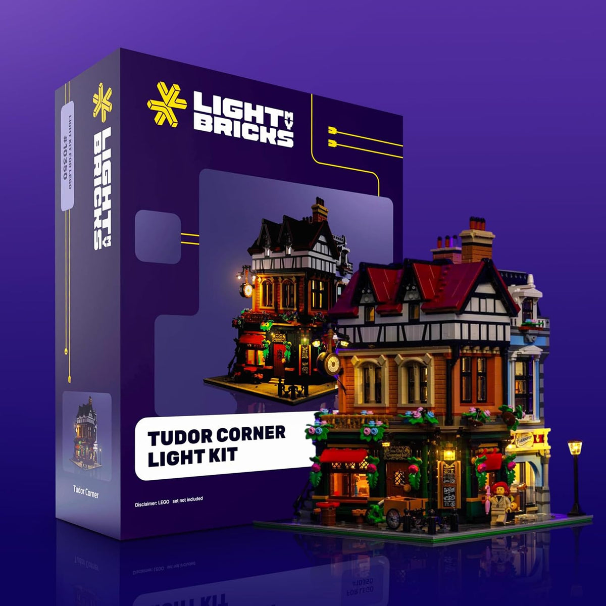 Tudor corner brick building with half-timbered walls lit by warm LEDs
