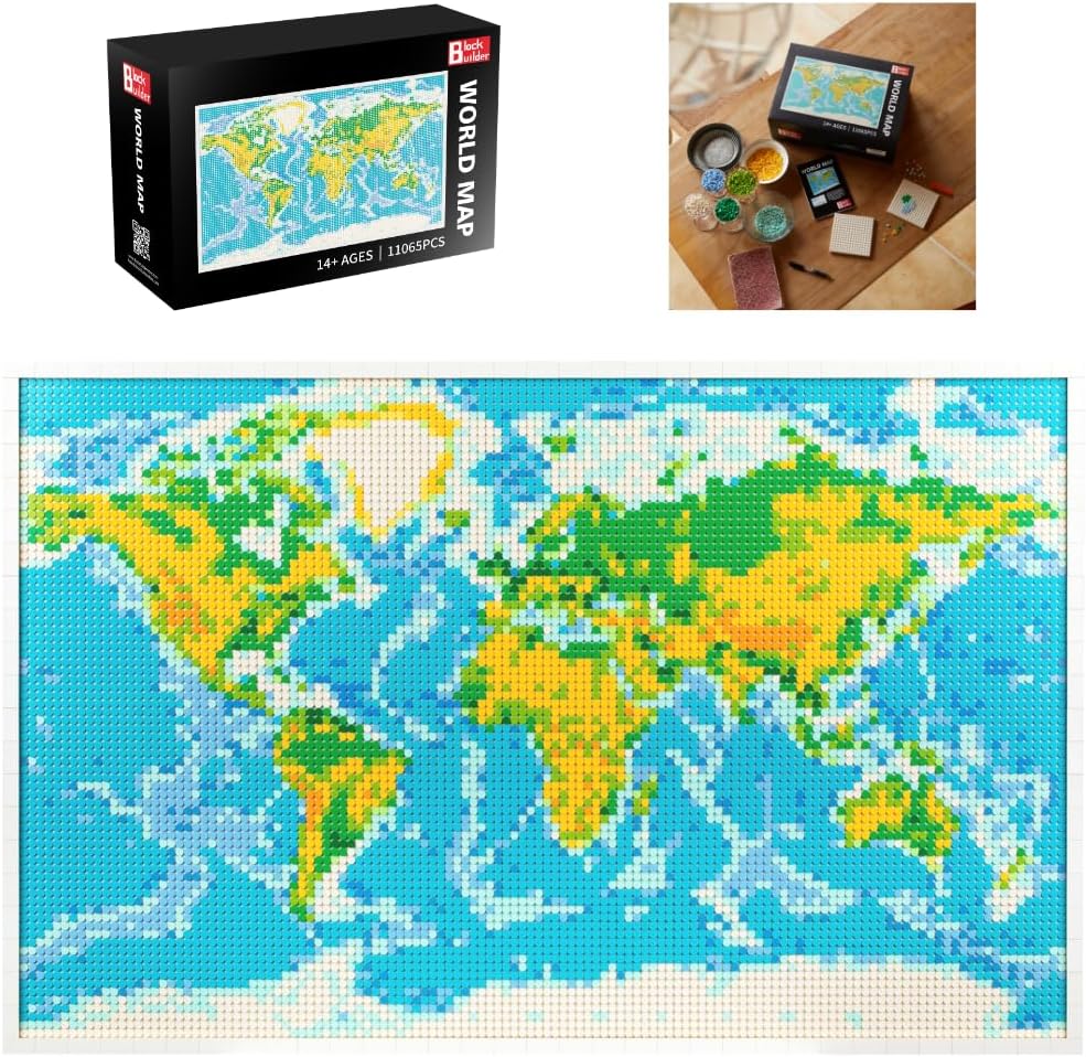 Finished world map brick mosaic hanging on a wall with a smooth frame
