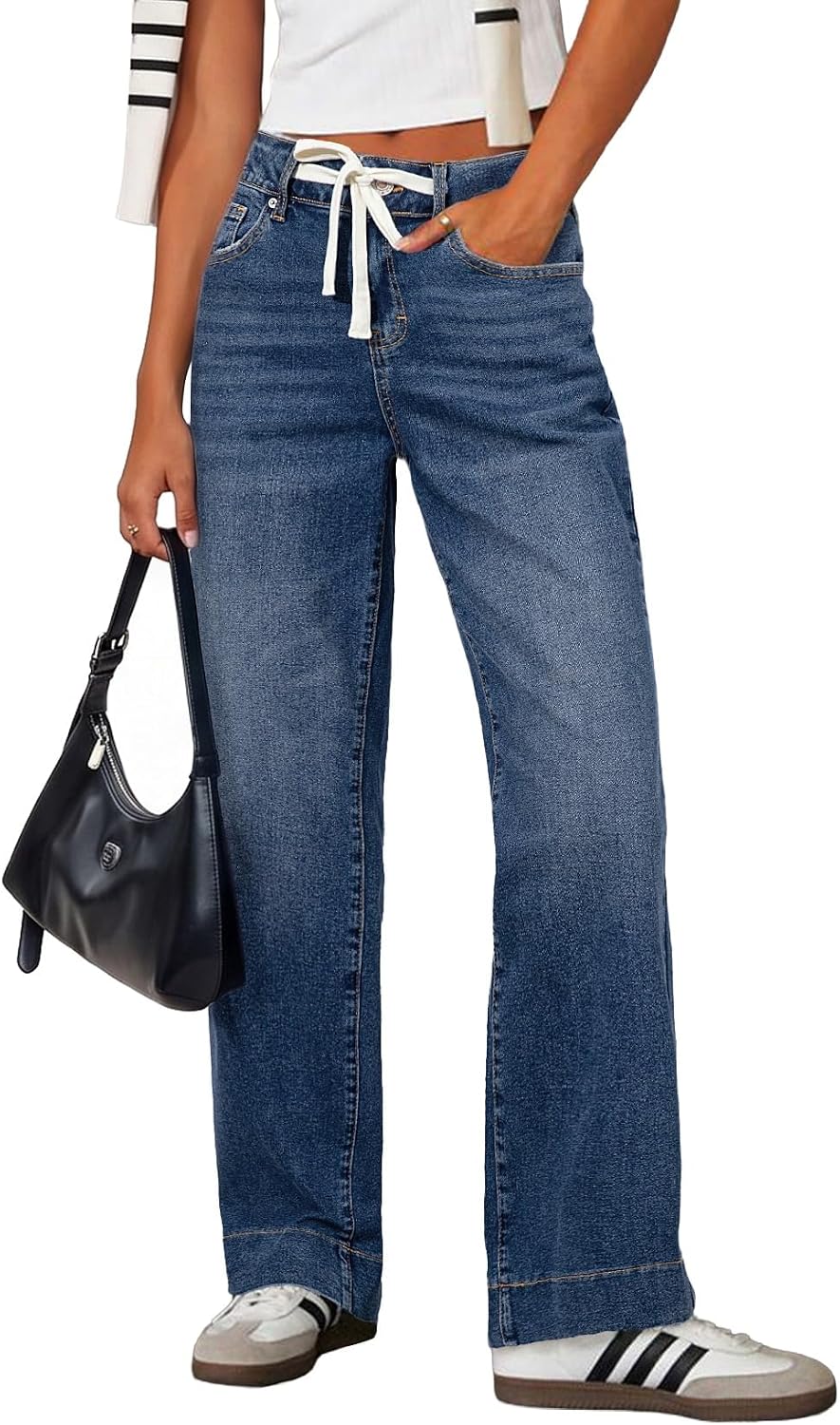 Women's High Rise Straight Leg Jeans - Stretch Denim with an Adjustable Drawstring and Pockets - 4