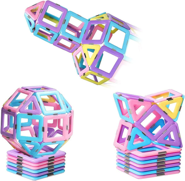 Colorful magnetic building tiles assembled into a small structure