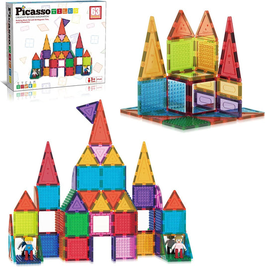 Kids activity table with building bricks and colorful magnetic tiles