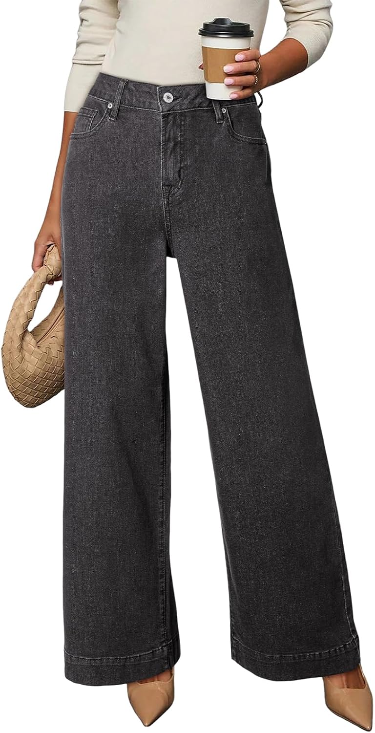 Women's High Waisted Wide Leg Jeans - Loose Stretch Denim with a Straight Leg for Everyday Casual Wear - 2