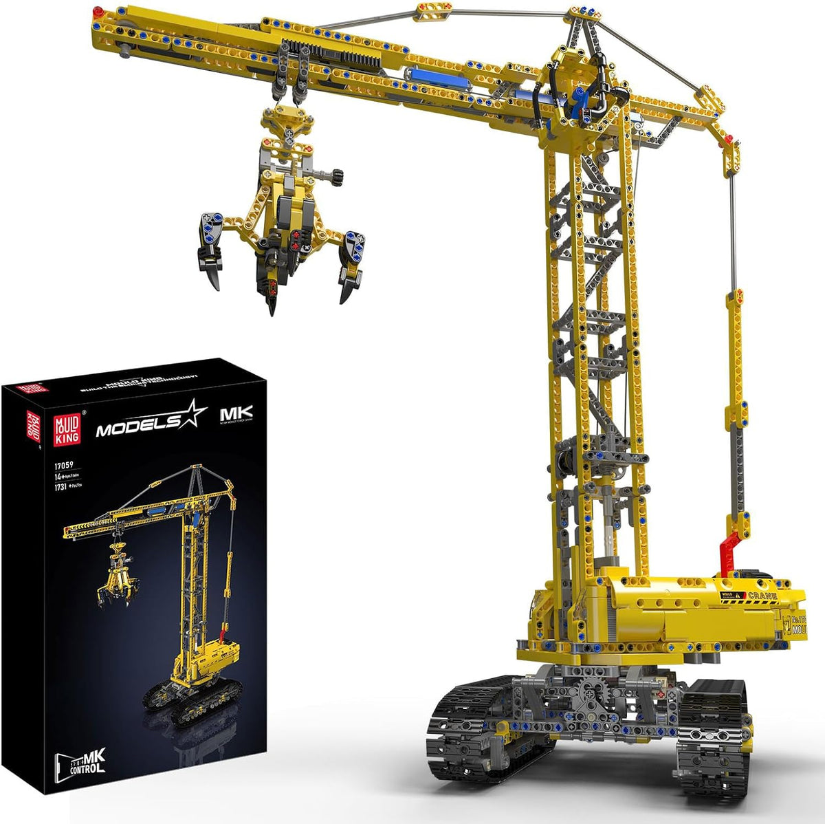 Tall yellow brick tower crane with long jib and hook