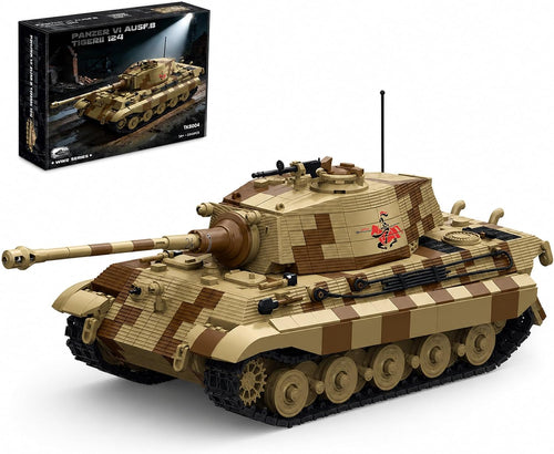 Built WWII Tiger II heavy tank brick model with long gun and rotating turret