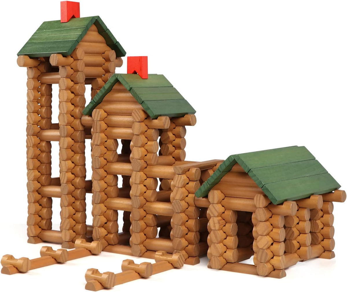 Wooden toy logs stacked into a small cabin with a green roof – view 2