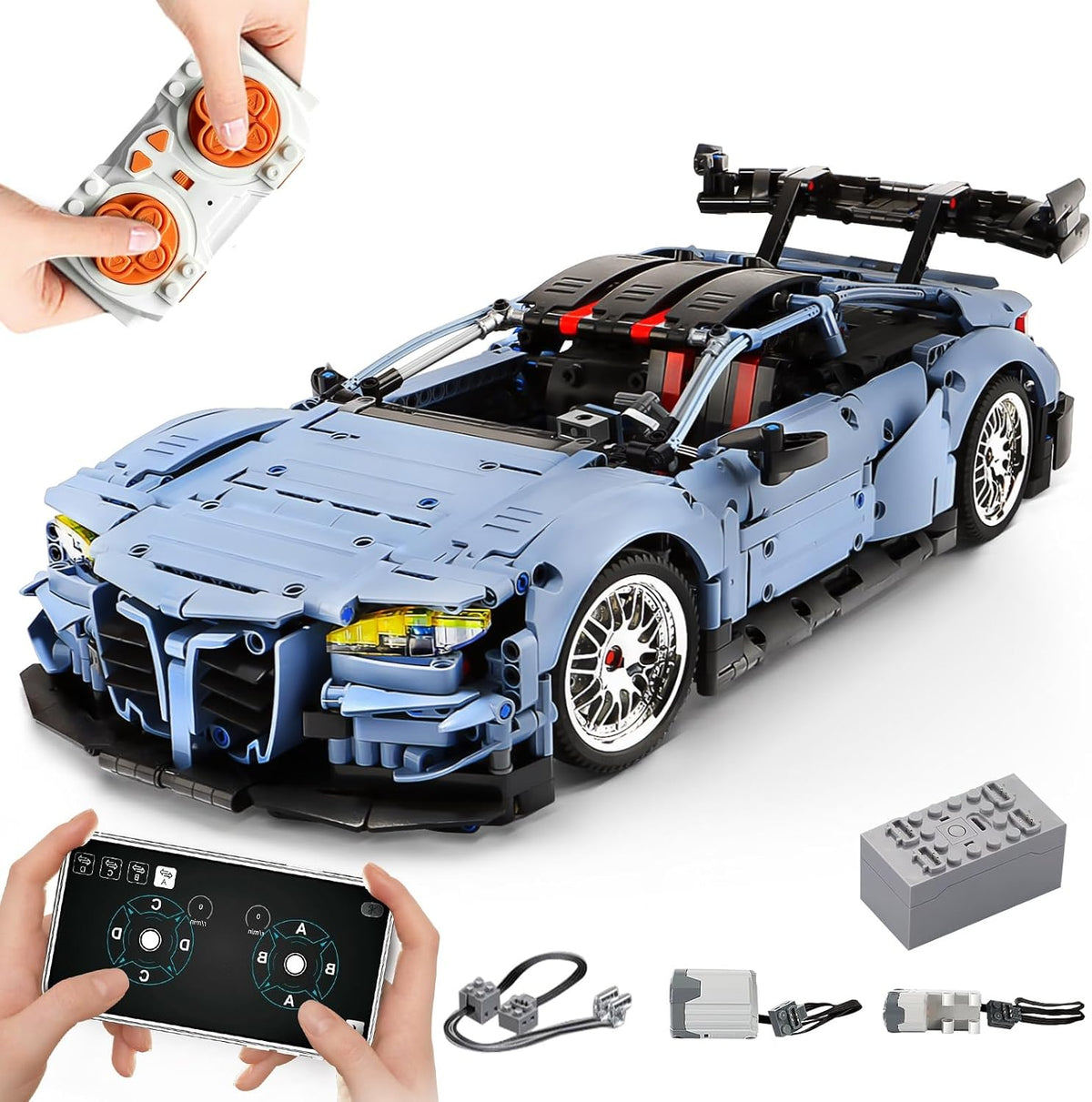 Brick-built 1:10 scale remote control sports car with lights